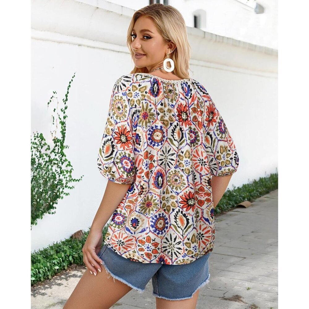Womens Boho Top Cotton Blend Flowy Short Sleeve V Neck Floral Vacation - Picture 5 of 6